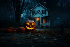 Halloween pumpkins in front of a house at night, Halloween background AI generated photo