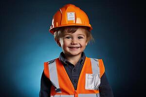 retrato de un linda pequeño chico en un construcción casco ai generado foto