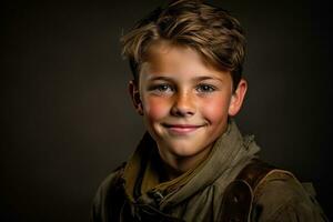 retrato de un linda pequeño chico en militar uniforme en oscuro antecedentes ai generado foto