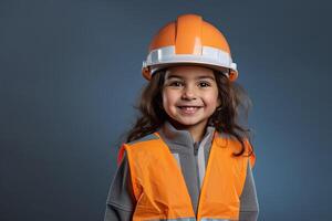 retrato de un sonriente pequeño niña en un construcción casco ai generado foto