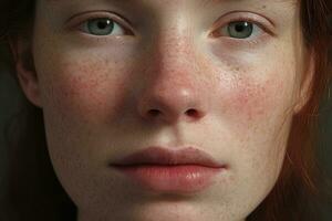 a close up of a woman with freckles,rosacea couperose redness skin AI generated photo