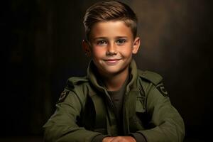 Portrait of a cute little boy in military uniform on dark background AI Generated photo