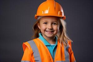 retrato de un sonriente pequeño niña en un construcción casco ai generado foto