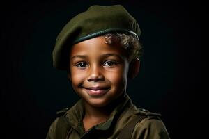 retrato de un linda pequeño chico en militar uniforme en oscuro antecedentes ai generado foto