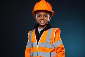 retrato de un linda pequeño chico en un construcción casco ai generado foto