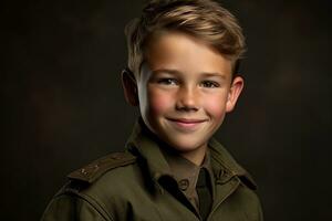 retrato de un linda pequeño chico en militar uniforme en oscuro antecedentes ai generado foto