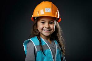 retrato de un sonriente pequeño niña en un construcción casco ai generado foto