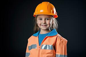 retrato de un sonriente pequeño niña en un construcción casco ai generado foto