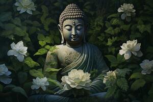 Buddha statue with lotus flower and green leaves background AI Generated photo