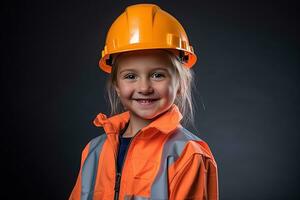 retrato de un sonriente pequeño niña en un construcción casco ai generado foto