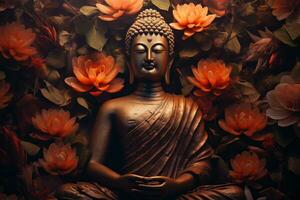 Buddha statue surrounded by orange flowers on a black background AI Generated photo