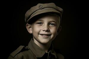 Portrait of a cute little boy in military uniform on dark background AI Generated photo