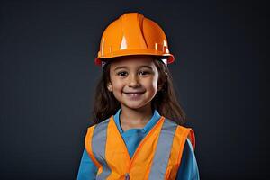 Portrait of a smiling little girl in a construction helmet photo