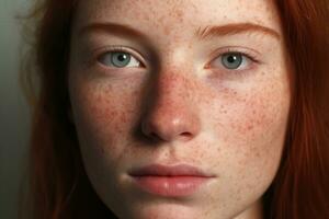 un cerca arriba de un mujer con pecas, rosácea cuperosis enrojecimiento piel ai generado foto