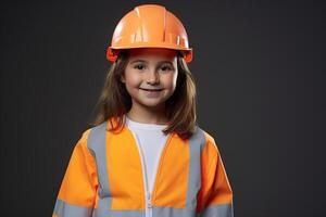 retrato de un sonriente pequeño niña en un construcción casco ai generado foto