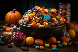 Ai Generated. Halloween candies and sweets on dark background photo