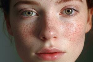 a close up of a woman with freckles,rosacea couperose redness skin AI generated photo