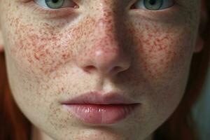 un cerca arriba de un mujer con pecas ai generado foto