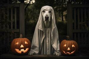 Víspera de Todos los Santos tema. perro en fantasma disfraz con calabazas en oscuro antecedentes ai generado foto