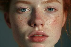 a close up of a woman with freckles AI generated photo