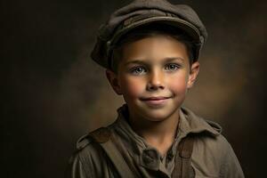 retrato de un linda pequeño chico en militar uniforme en oscuro antecedentes ai generado foto