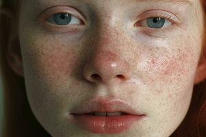 a close up of a woman with freckles AI generated photo