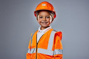 retrato de un linda pequeño chico en un construcción casco ai generado foto