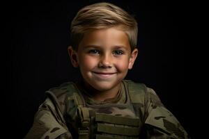 retrato de un linda pequeño chico en militar uniforme en oscuro antecedentes ai generado foto