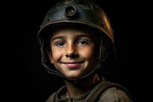 retrato de un linda pequeño chico en militar uniforme en oscuro antecedentes ai generado foto