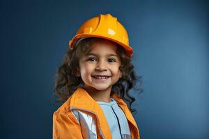 retrato de un sonriente pequeño niña en un construcción casco ai generado foto