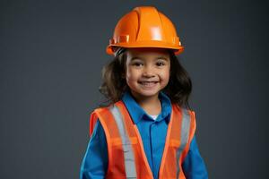 retrato de un sonriente pequeño niña en un construcción casco ai generado foto