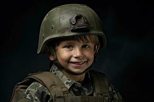 Portrait of a cute little boy in military uniform on dark background AI Generated photo