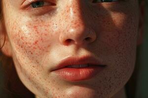 a close up of a woman with freckles AI generated photo