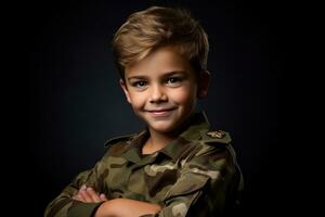 retrato de un linda pequeño chico en militar uniforme en oscuro antecedentes ai generado foto