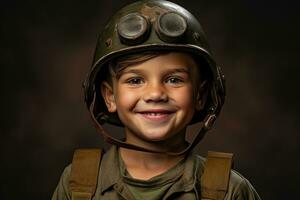 retrato de un linda pequeño chico en militar uniforme en oscuro antecedentes ai generado foto