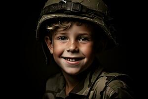 retrato de un linda pequeño chico en militar uniforme en oscuro antecedentes ai generado foto