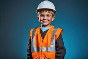 Portrait of a cute little boy in a construction helmet AI Generated photo