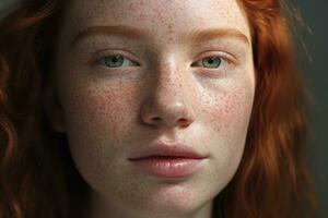 a close up of a woman with freckles AI generated photo