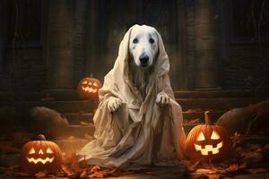 Víspera de Todos los Santos tema. perro en fantasma disfraz con calabazas en oscuro antecedentes ai generado foto