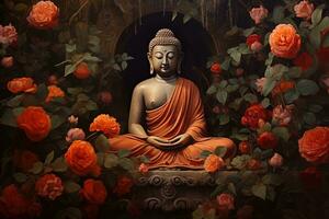 Buddha statue surrounded by orange flowers on a black background AI Generated photo