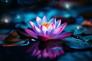 Beautiful pink water lily or lotus flower on dark background AI Generated photo