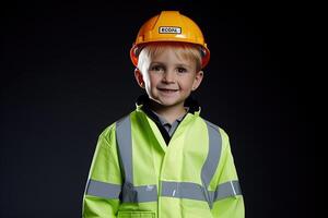 retrato de un linda pequeño chico en un construcción casco ai generado foto