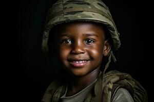 retrato de un linda pequeño chico en militar uniforme en oscuro antecedentes ai generado foto