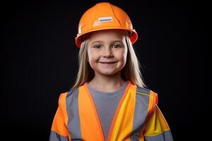 retrato de un sonriente pequeño niña en un construcción casco ai generado foto