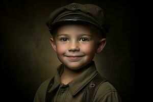 retrato de un linda pequeño chico en militar uniforme en oscuro antecedentes ai generado foto