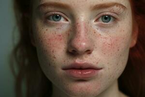 a close up of a woman with freckles AI generated photo