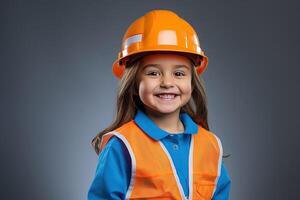 retrato de un sonriente pequeño niña en un construcción casco ai generado foto