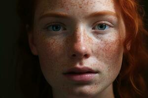 a close up of a woman with freckles,rosacea couperose redness skin AI generated photo