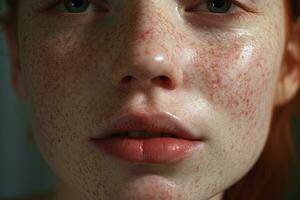 a close up of a woman with freckles,rosacea couperose redness skin AI generated photo
