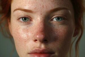 a close up of a woman with freckles AI generated photo